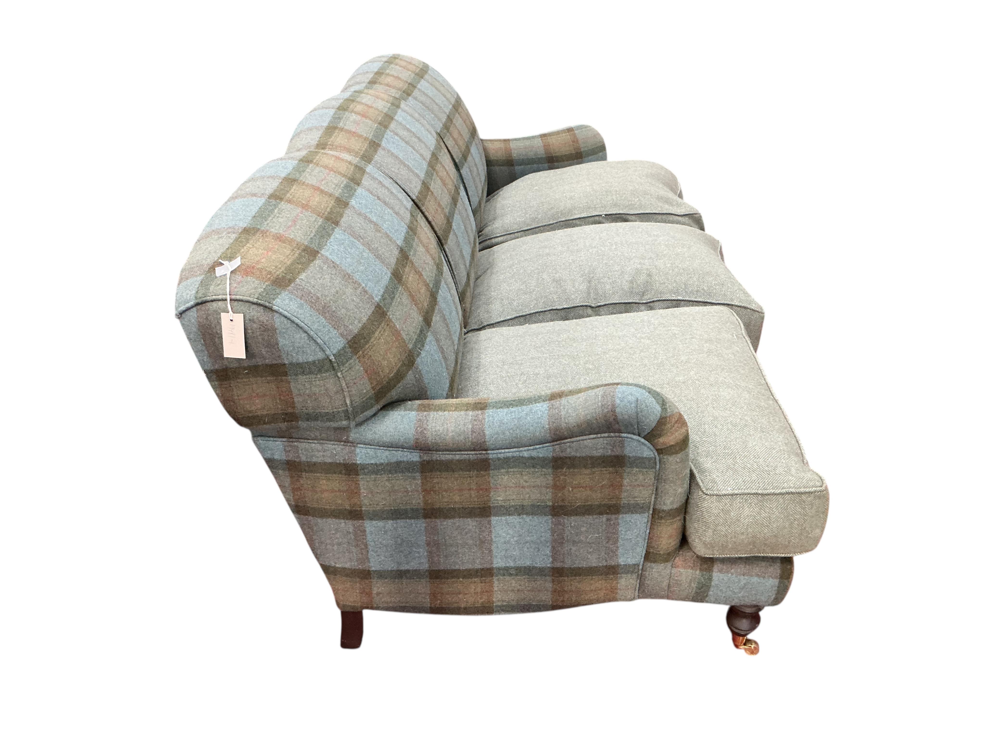 A Sofa Workshop tartan wool fabric three seater sofa in the style of Howard and Sons, width 194cm, depth 96cm, height 88cm